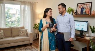 Happy Baniya couple smiling together, symbolizing balance between business responsibilities and marriage through Siyaswayamver