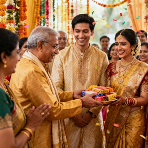 Maternal uncle gifting at Bannia pre-wedding, smiling couple, traditional attire, family celebration