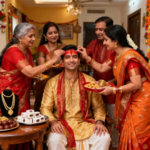 Bannia engagement with tilak, gifting, sweets, jewelry, vibrant home, festive mood