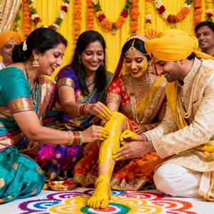 Relatives applying haldi paste at Bannia wedding, festive decor, joyful faces, yellow hues