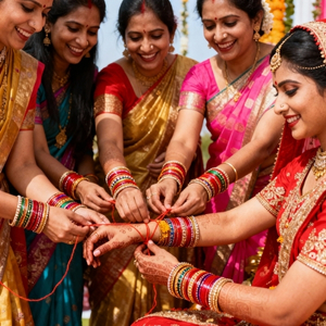 Married women tying kangan on bride’s wrist, vibrant colors, intricate bangles, smiling faces