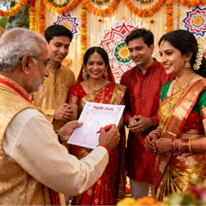 Bannia matchmaking ceremony with families, priest, kundali charts, festive decor, candid expressions