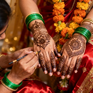 Mehendi artist drawing designs on bride’s hands, Indian patterns, green bangles, festive background