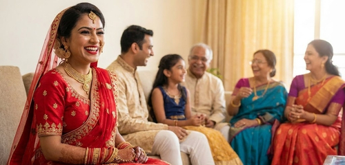 Young Kayastha bride smiling with her family, showing strong family values for Siyaswayamver matrimony in 2026