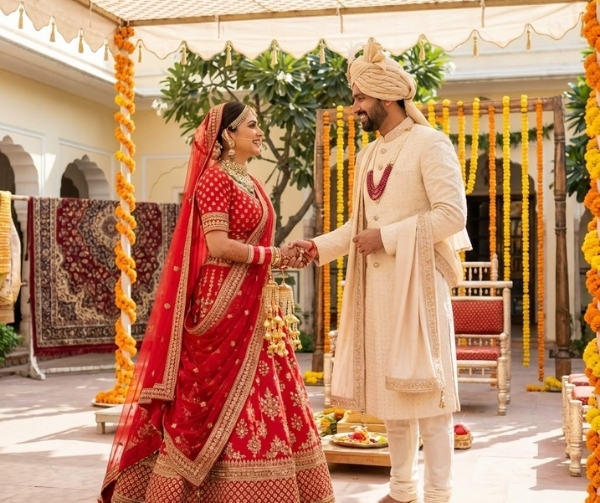 Kayastha couple browsing verified profiles on Siyaswayamver matrimony website together at home