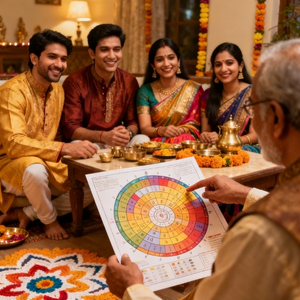 Couple and families reviewing kundali charts with astrologer, festive Indian home, Indian attire, smiling faces