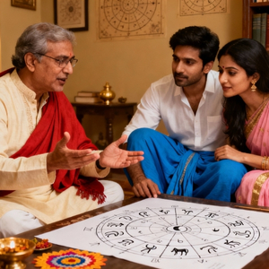 Astrologer explaining Moon sign compatibility to couple in cozy Indian study, warm lighting, traditional attire
