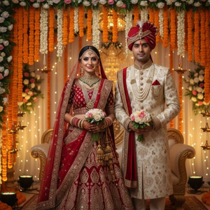 Happy Indian couple at Siyaswayamver matrimony wedding with joyful family marriage party in the background